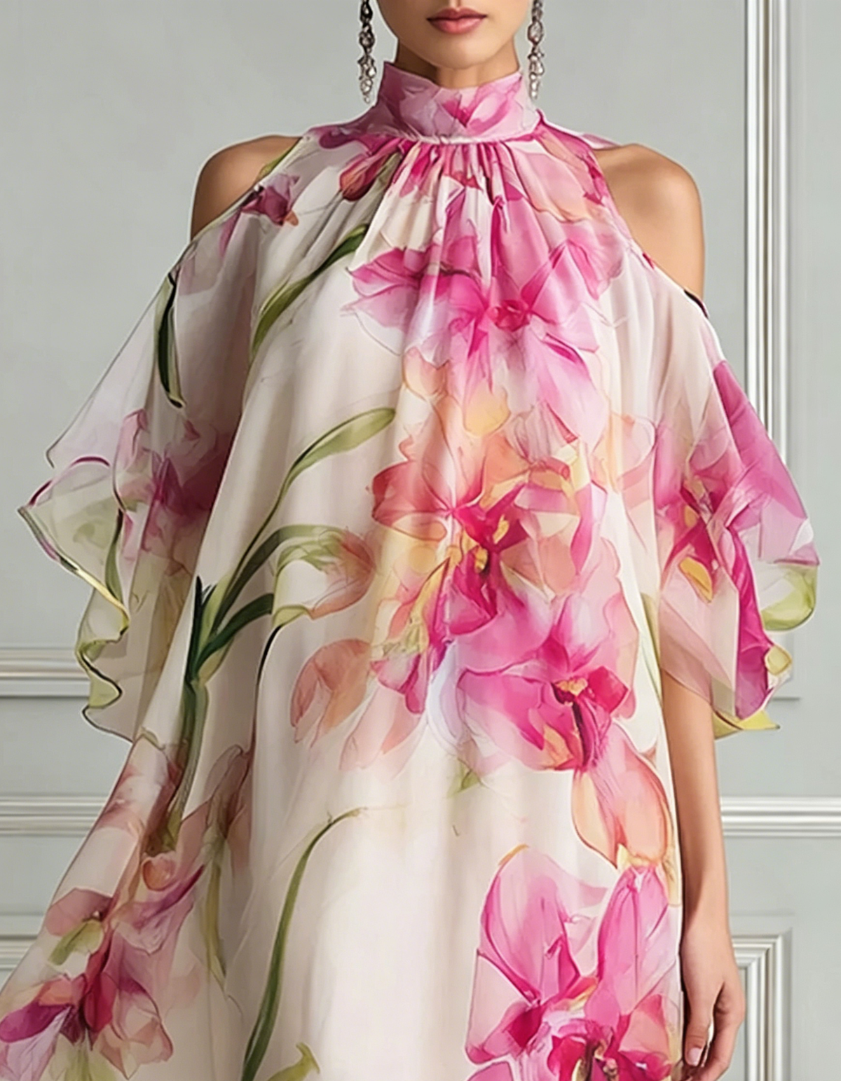 Rose Pink Chiffon Floral Print Halter Neck Off-Shoulder Maxi Dress