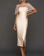 Mesh Shawl Satin Strapless Fishtail 2-Piece Midi Dress