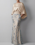 Champagne-colored Satin Cape-sleeved Maxi Dress