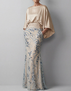 Champagne-colored Satin Cape-sleeved Maxi Dress