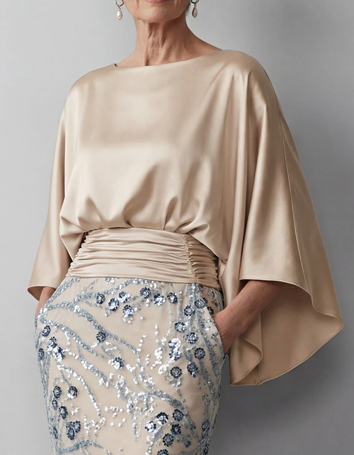 Champagne-colored Satin Cape-sleeved Maxi Dress