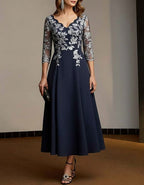 Navy Blue Scalloped V-neck Lace Bodice A-line Midi Dress