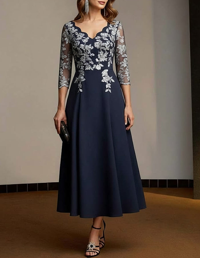 Navy Blue Scalloped V-neck Lace Bodice A-line Midi Dress