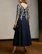 Navy Blue Scalloped V-neck Lace Bodice A-line Midi Dress