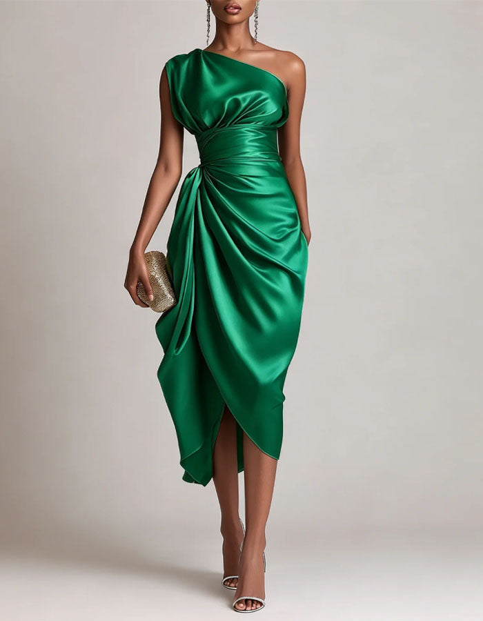 Green Satin Asymmetrical One Shoulder Midi Dress