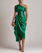 Green Satin Asymmetrical One Shoulder Midi Dress