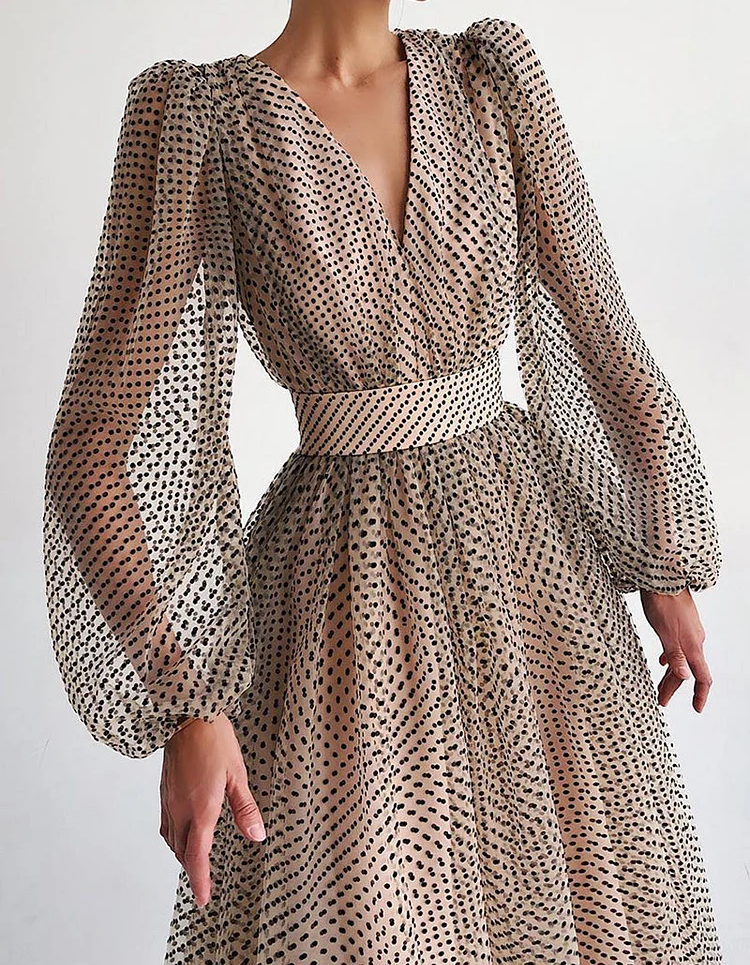 Chiffon Polka Dot V-Neck Fitted Waist Puff Sleeve Midi Dress
