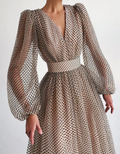 Chiffon Polka Dot V-Neck Fitted Waist Puff Sleeve Midi Dress