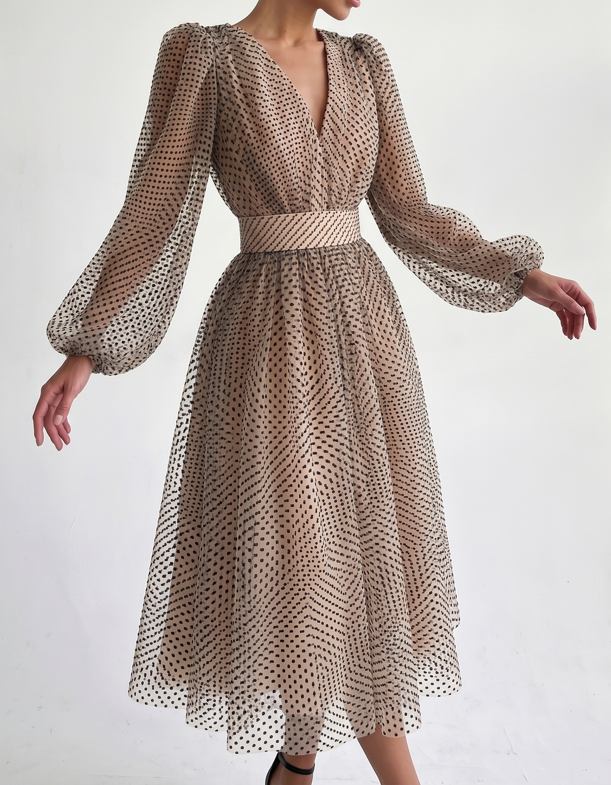 Chiffon Polka Dot V-Neck Fitted Waist Puff Sleeve Midi Dress