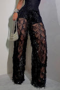 Women's Fashion Lace Cutout Bustier & Check Sequin Fringe Pants