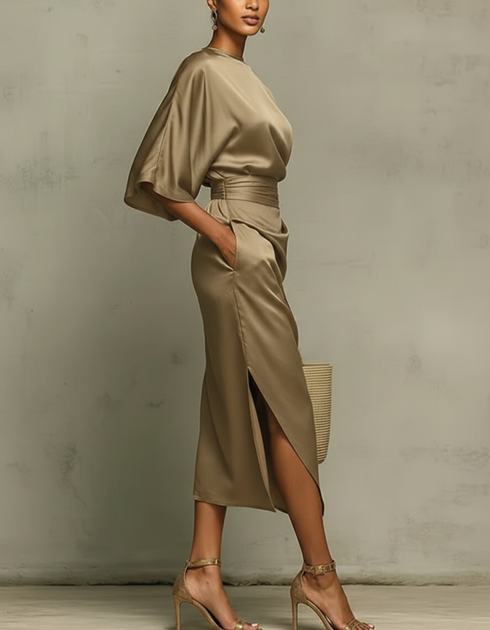 Multicolor Satin Draped Midi Dress
