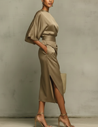 Multicolor Satin Draped Midi Dress