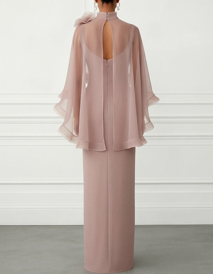 Dusty Pink High-Neck Cape Sleeve Column Maxi Dress