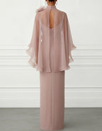 Dusty Pink High-Neck Cape Sleeve Column Maxi Dress