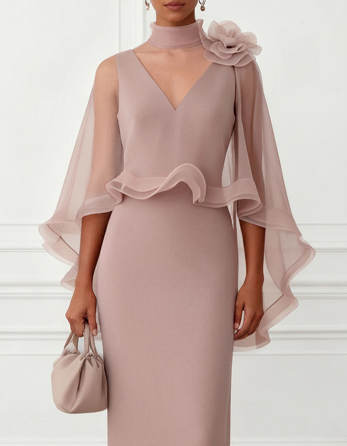 Dusty Pink High-Neck Cape Sleeve Column Maxi Dress