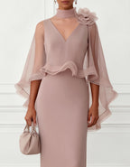 Dusty Pink High-Neck Cape Sleeve Column Maxi Dress