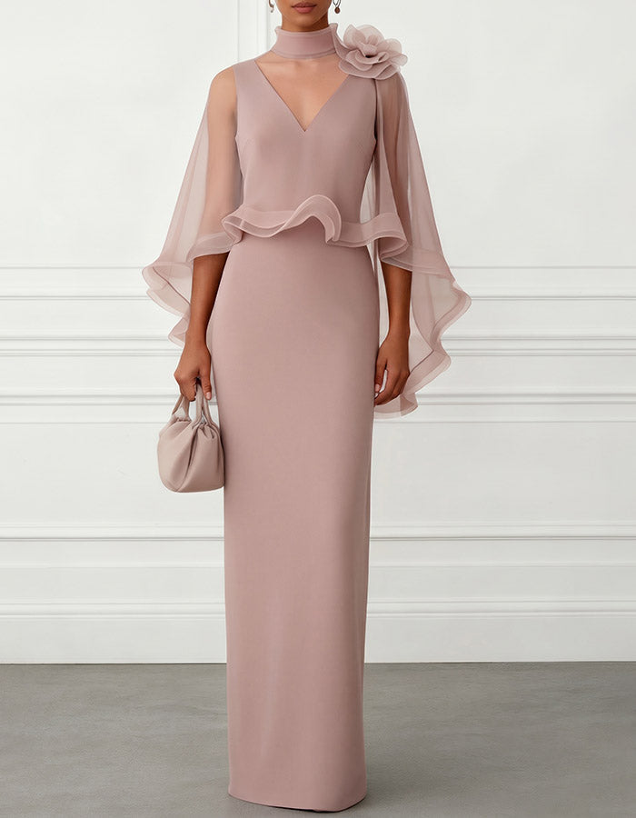 Dusty Pink High-Neck Cape Sleeve Column Maxi Dress
