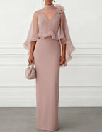Dusty Pink High-Neck Cape Sleeve Column Maxi Dress