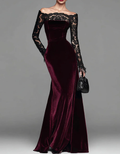 Velvet Lace Off-Shoulder Bodycon Fishtail Maxi Dress