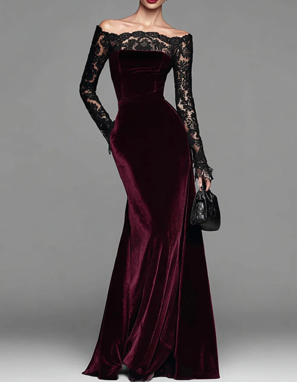 Velvet Lace Off-Shoulder Bodycon Fishtail Maxi Dress