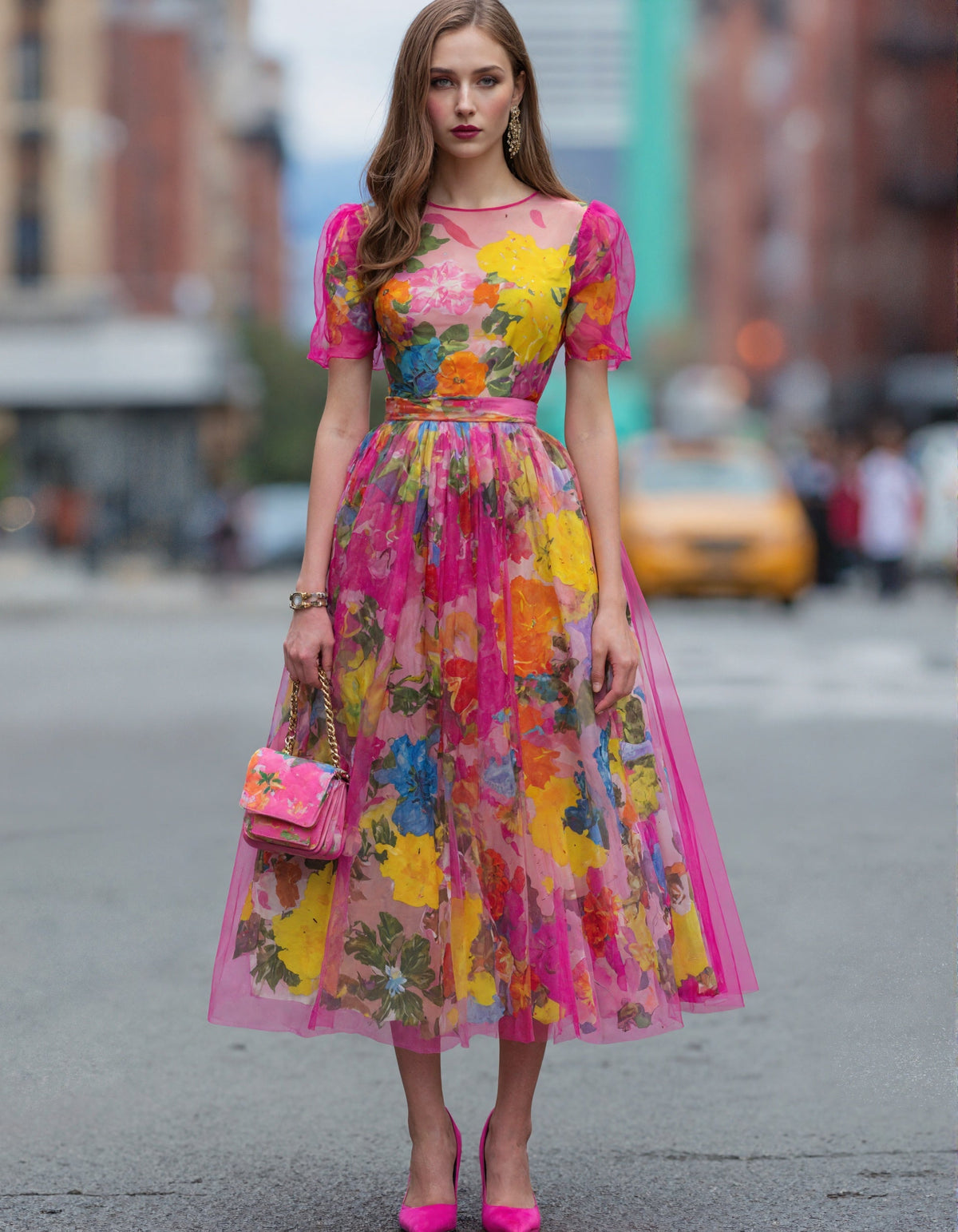 Watercolor Floral Tulle Midi Dress