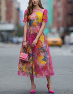 Watercolor Floral Tulle Midi Dress