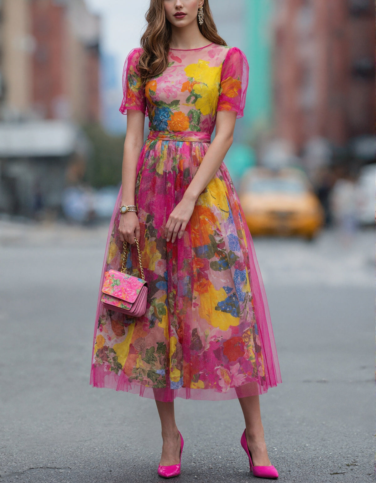 Watercolor Floral Tulle Midi Dress