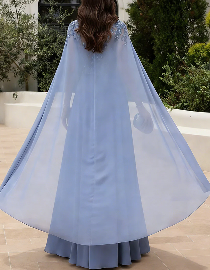 Dusty Blue Illusion Neck Lace & Chiffon Cape Maxi Dress