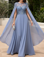 Dusty Blue Illusion Neck Lace & Chiffon Cape Maxi Dress