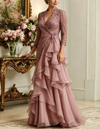 Grey Pink Lace Chiffon Layered Maxi Dress