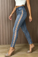Women's Casual Rhinestone Side Cutout Skinny Jeans