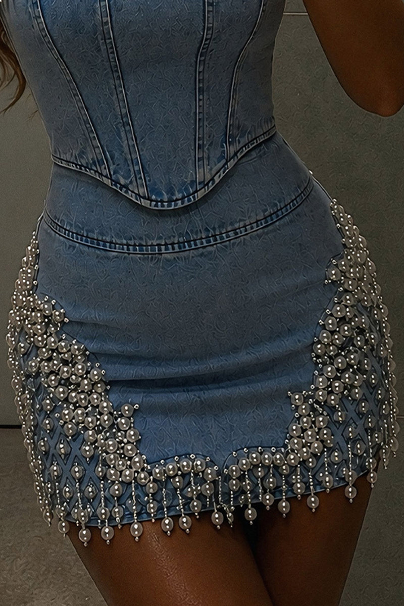 Women's Elegant Beaded Denim Bustier or Skirt