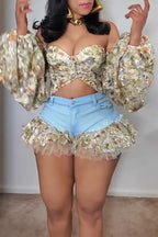 Women's Elegant Floral Mesh Puff Sleeve Top or Cropped Jeans