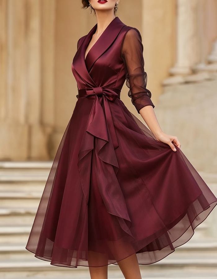 Burgundy Satin Tulle Midi Dress
