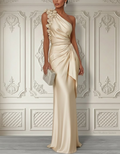One-shoulder Floral Appliqué Satin Maxi Dress