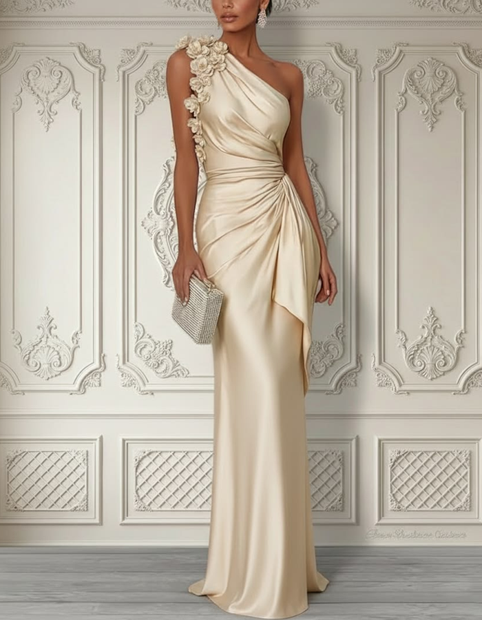 One-shoulder Floral Appliqué Satin Maxi Dress