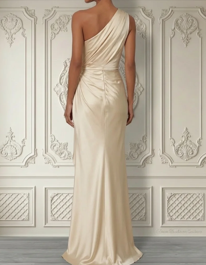 One-shoulder Floral Appliqué Satin Maxi Dress