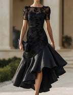 Black Floral Lace Illusion Neck High-Low Midi Dress