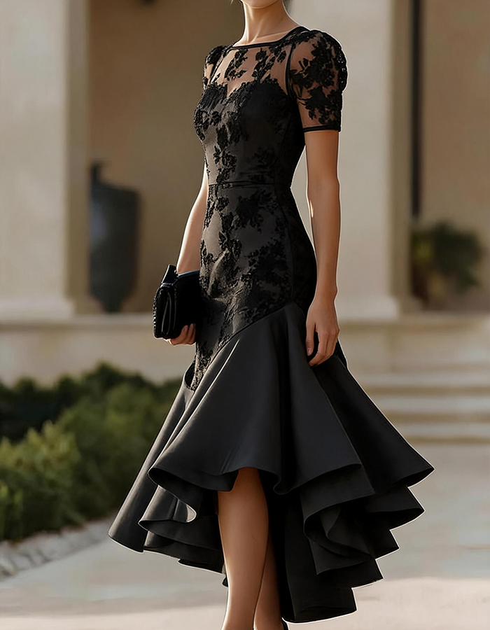 Black Floral Lace Illusion Neck High-Low Midi Dress