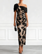 Black & Nude Floral Lace One-Shoulder Maxi Dress