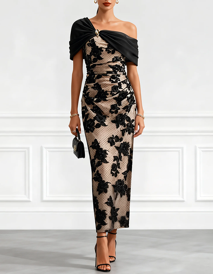 Black & Nude Floral Lace One-Shoulder Maxi Dress