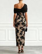 Black & Nude Floral Lace One-Shoulder Maxi Dress