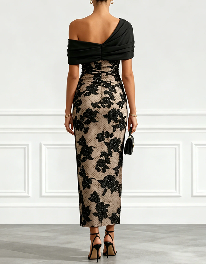 Black & Nude Floral Lace One-Shoulder Maxi Dress