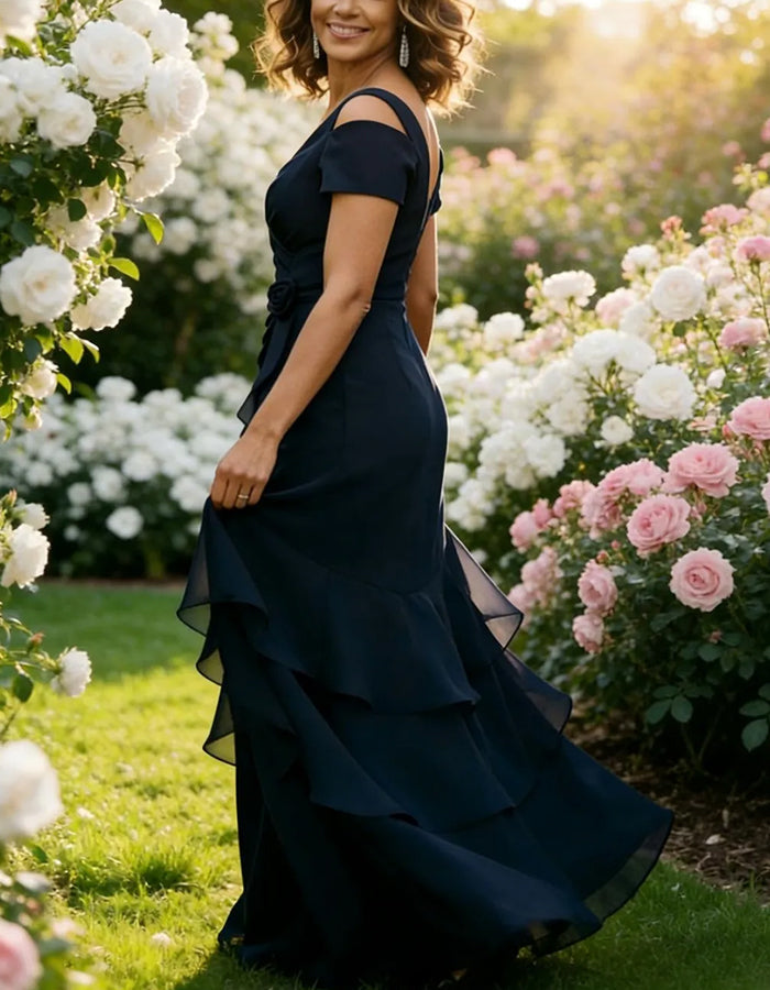 Navy Blue Cold-Shoulder Tiered Chiffon Ruffle Maxi Dress