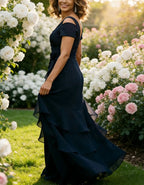 Navy Blue Cold-Shoulder Tiered Chiffon Ruffle Maxi Dress
