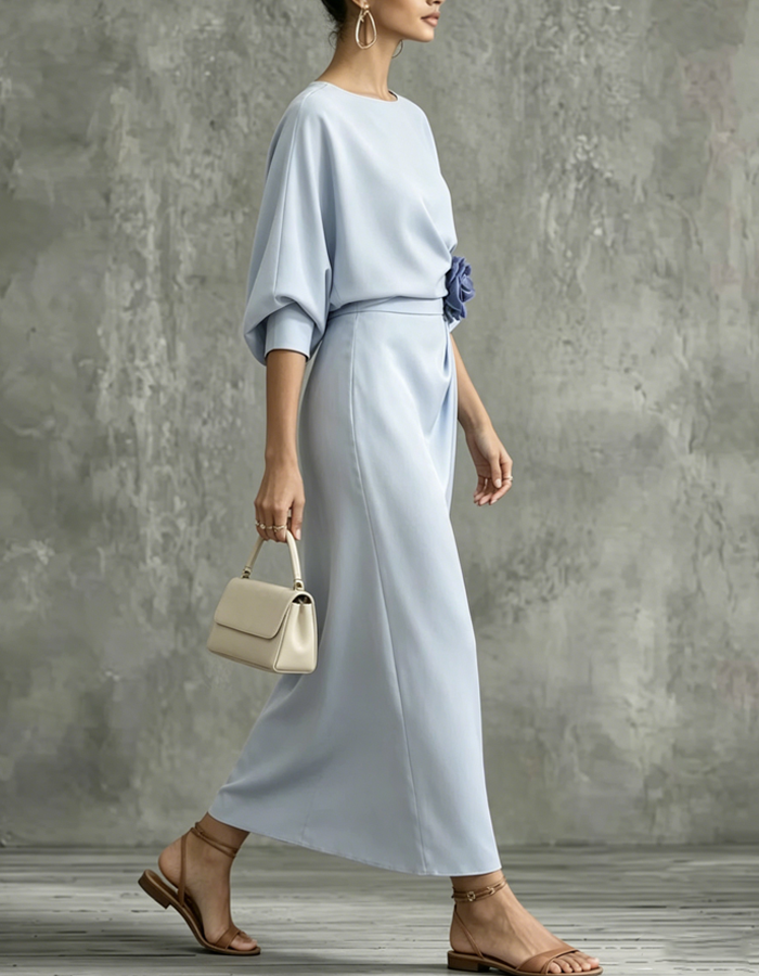 Multicolor Boat-neck 3D Flower Midi Dress