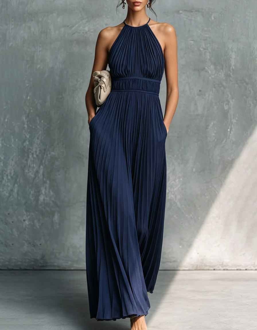Navy Halter Pleated Chiffon Waist-Cinched Maxi Dress