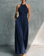 Navy Halter Pleated Chiffon Waist-Cinched Maxi Dress