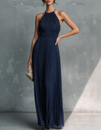 Navy Halter Pleated Chiffon Waist-Cinched Maxi Dress