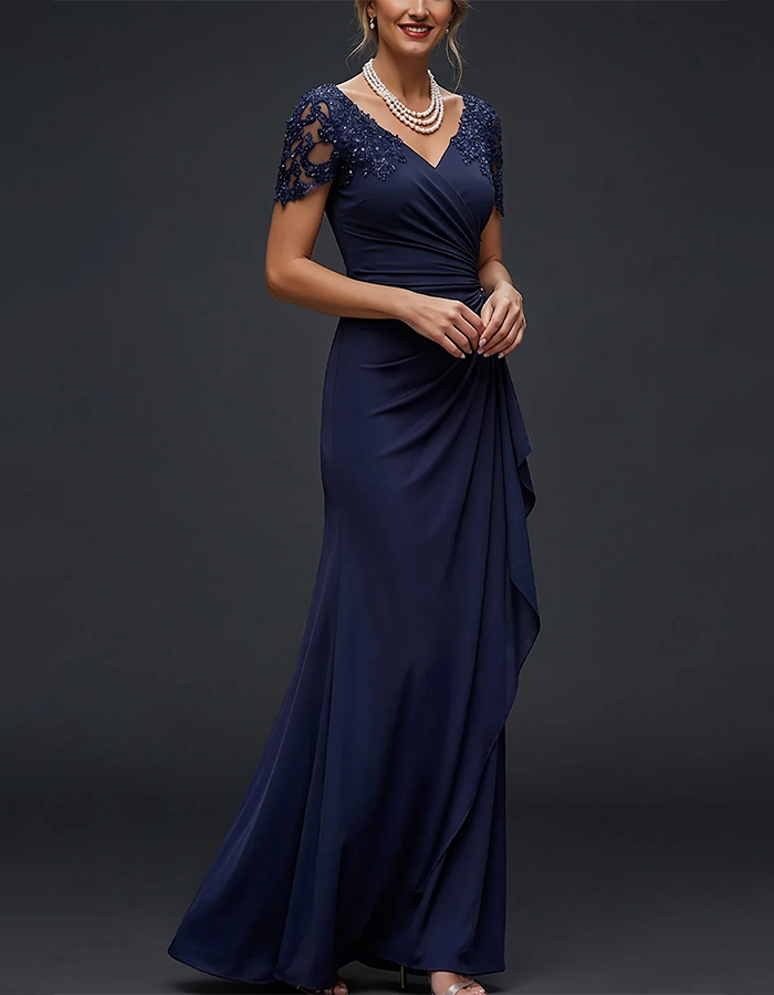 Navy V-Neck Lace Cap Sleeve Ruched Chiffon Mermaid Maxi Dress